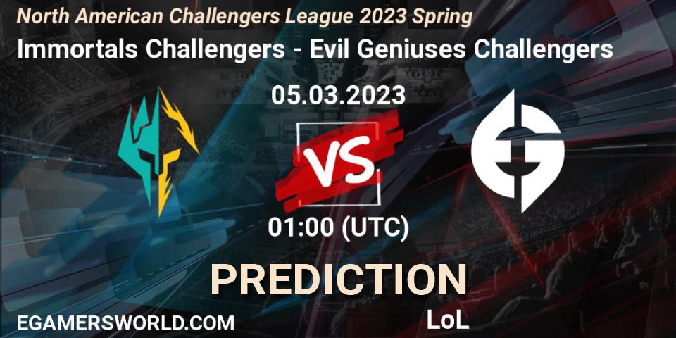 Immortals Challengers - Evil Geniuses Challengers: Maç tahminleri. 05.03.2023 at 01:00, LoL, NACL 2023 Spring - Group Stage
