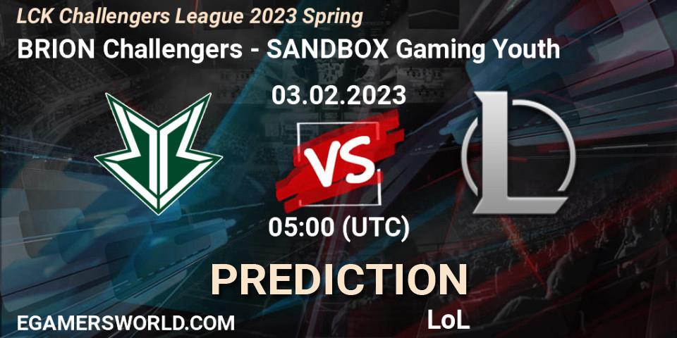 Brion Esports Challengers - SANDBOX Gaming Youth: Maç tahminleri. 03.02.2023 at 05:00, LoL, LCK Challengers League 2023 Spring
