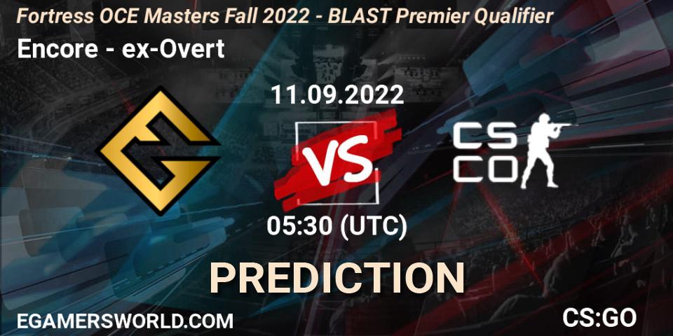 Encore - ex-Overt: Maç tahminleri. 11.09.2022 at 05:30, Counter-Strike (CS2), Fortress OCE Masters Fall 2022 - BLAST Premier Qualifier
