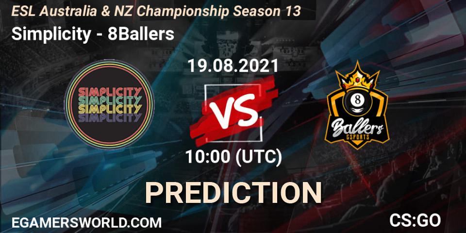 Simplicity - 8Ballers: Maç tahminleri. 19.08.2021 at 10:40, Counter-Strike (CS2), ESL Australia & NZ Championship Season 13