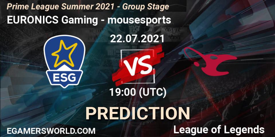 EURONICS Gaming - mousesports: Maç tahminleri. 22.07.21, LoL, Prime League Summer 2021 - Group Stage