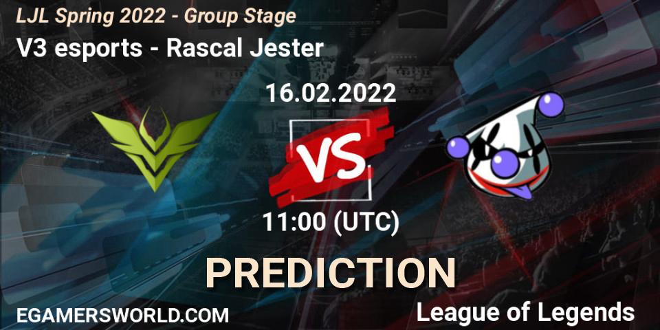 V3 esports - Rascal Jester: Maç tahminleri. 16.02.2022 at 11:30, LoL, LJL Spring 2022 - Group Stage