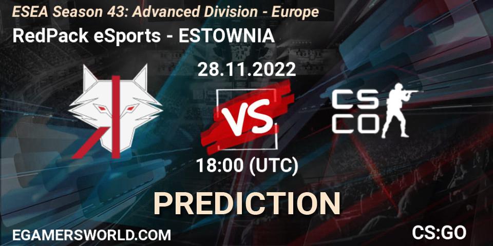 RedPack eSports - ESTOWNIA: Maç tahminleri. 28.11.22, CS2 (CS:GO), ESEA Season 43: Advanced Division - Europe