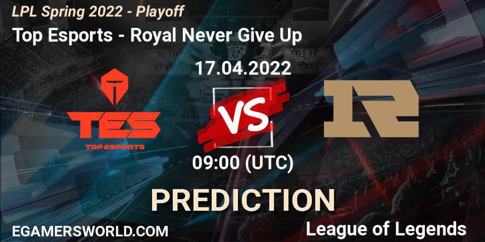Top Esports - Royal Never Give Up: Maç tahminleri. 17.04.2022 at 09:00, LoL, LPL Spring 2022 - Playoff