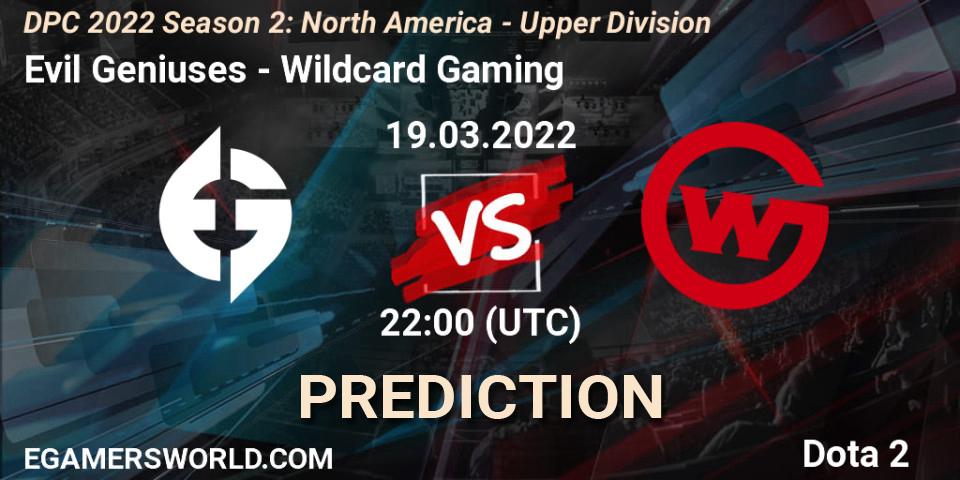 Evil Geniuses - Wildcard Gaming: Maç tahminleri. 19.03.2022 at 22:56, Dota 2, DPC 2021/2022 Tour 2 (Season 2): NA Division I (Upper) - ESL One Spring 2022