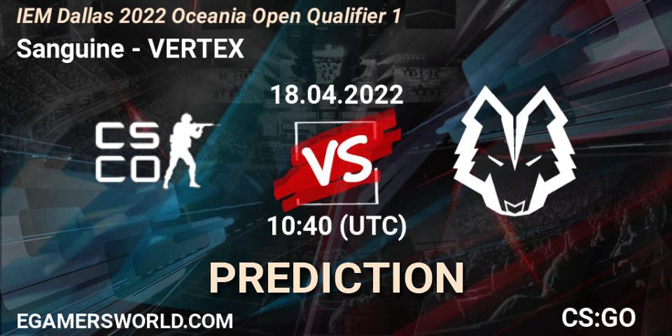 Sanguine - VERTEX: Maç tahminleri. 18.04.2022 at 10:40, Counter-Strike (CS2), IEM Dallas 2022 Oceania Open Qualifier 1