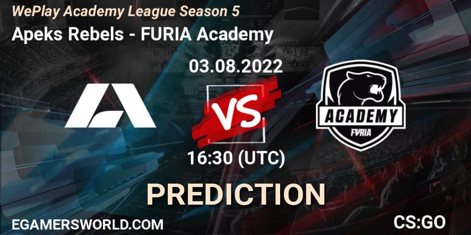 Apeks Rebels - FURIA Academy: Maç tahminleri. 03.08.2022 at 16:30, Counter-Strike (CS2), WePlay Academy League Season 5