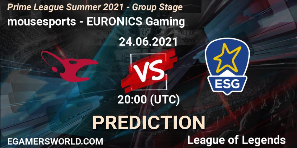 mousesports - EURONICS Gaming: Maç tahminleri. 24.06.21, LoL, Prime League Summer 2021 - Group Stage