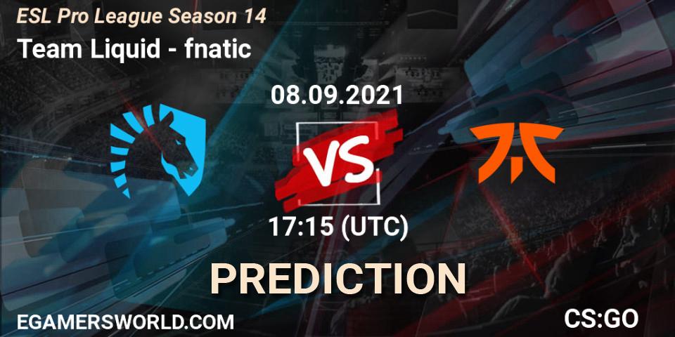 Team Liquid - fnatic: Maç tahminleri. 08.09.2021 at 17:15, Counter-Strike (CS2), ESL Pro League Season 14