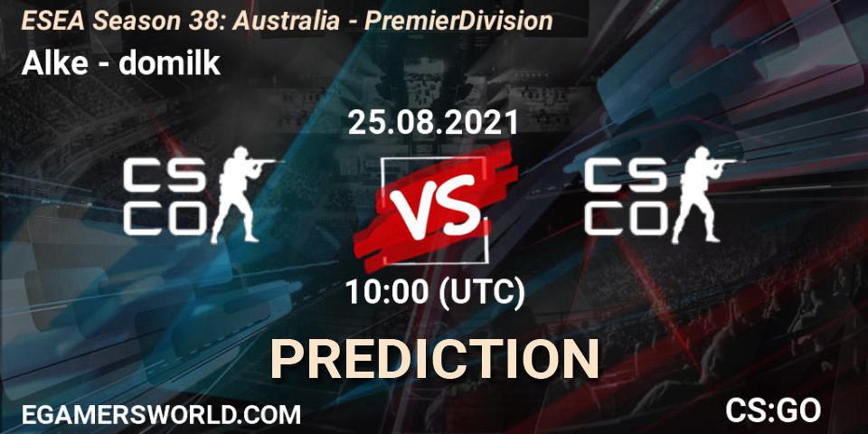 Alke - domilk: Maç tahminleri. 25.08.2021 at 10:00, Counter-Strike (CS2), ESEA Season 38: Australia - Premier Division