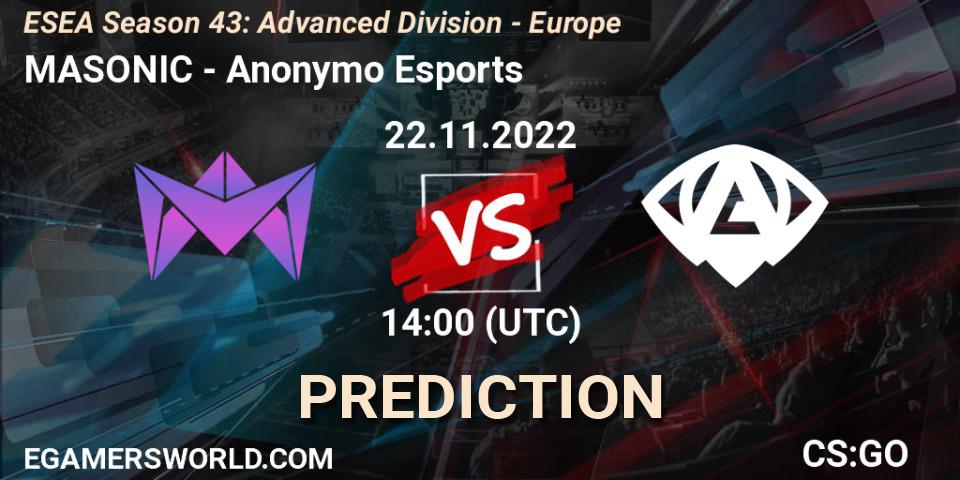 MASONIC - Anonymo Esports: Maç tahminleri. 22.11.2022 at 14:00, Counter-Strike (CS2), ESEA Season 43: Advanced Division - Europe