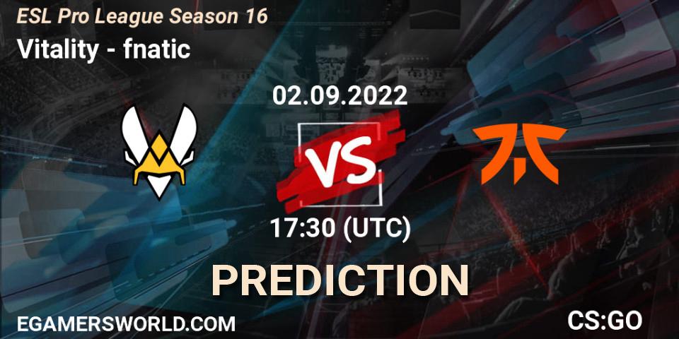 Vitality - fnatic: Maç tahminleri. 02.09.2022 at 17:30, Counter-Strike (CS2), ESL Pro League Season 16
