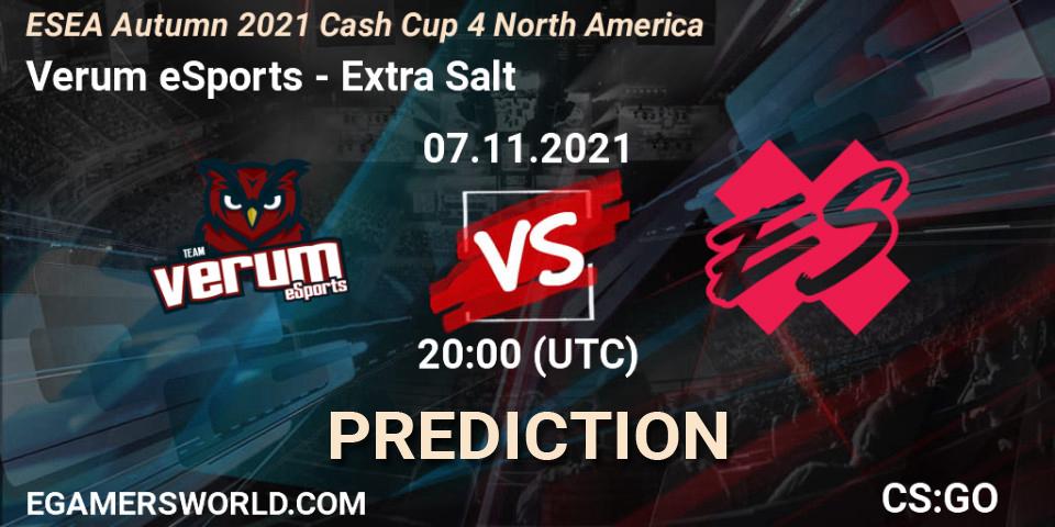 Verum eSports - Extra Salt: Maç tahminleri. 07.11.2021 at 22:00, Counter-Strike (CS2), ESEA Cash Cup: North America - Autumn 2021 #4