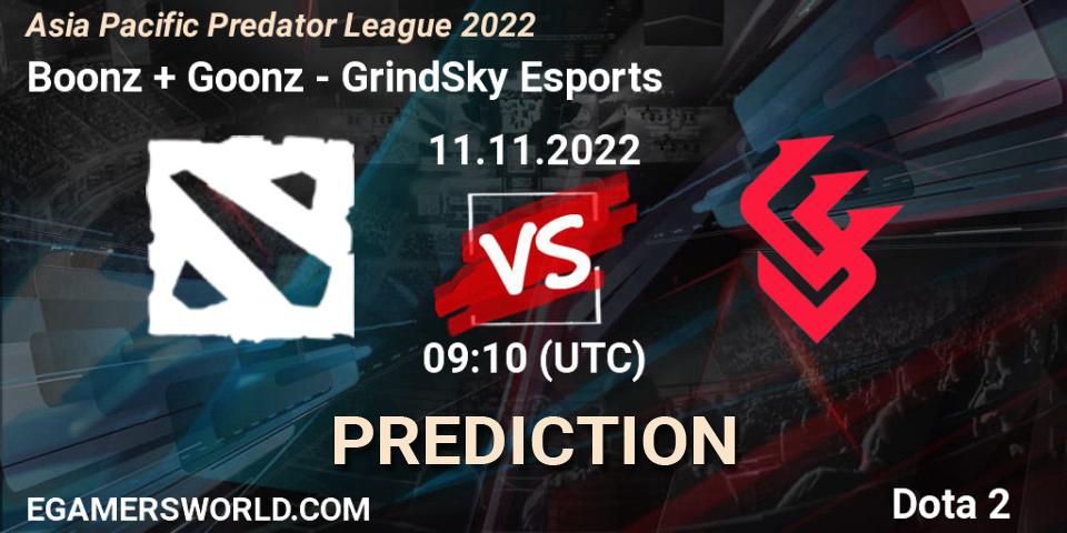 Boonz + Goonz - GrindSky Esports: Maç tahminleri. 11.11.2022 at 09:10, Dota 2, Asia Pacific Predator League 2022
