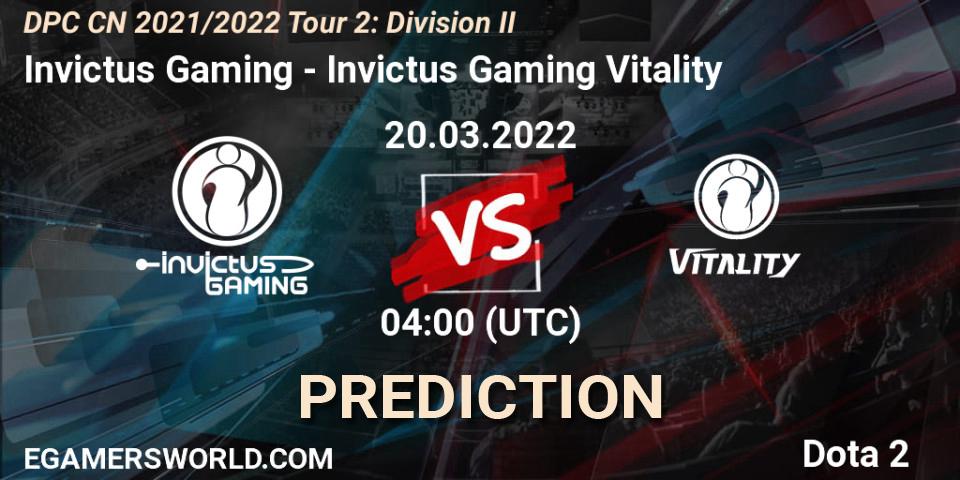 Invictus Gaming - Invictus Gaming Vitality: Maç tahminleri. 20.03.2022 at 04:17, Dota 2, DPC 2021/2022 Tour 2: CN Division II (Lower)