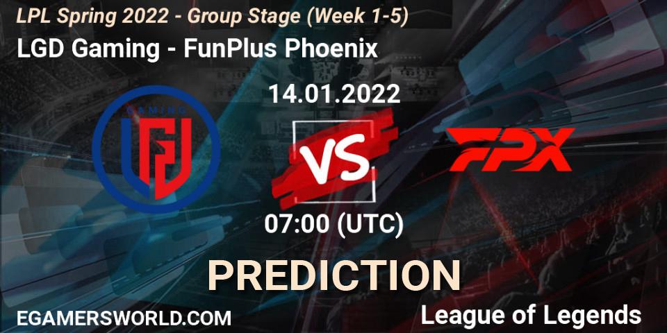 LGD Gaming - FunPlus Phoenix: Maç tahminleri. 14.01.2022 at 07:00, LoL, LPL Spring 2022 - Group Stage (Week 1-5)