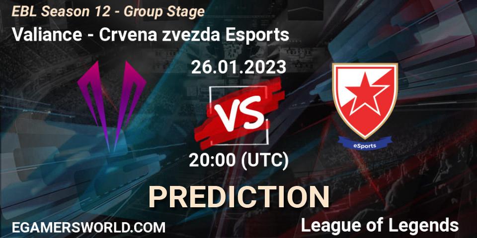 Valiance - Crvena zvezda Esports: Maç tahminleri. 26.01.2023 at 20:00, LoL, EBL Season 12 - Group Stage