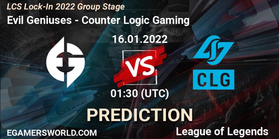 Evil Geniuses - Counter Logic Gaming: Maç tahminleri. 16.01.2022 at 01:30, LoL, LCS Lock-In 2022 Group Stage