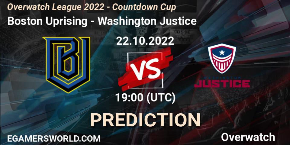 Boston Uprising - Washington Justice: Maç tahminleri. 22.10.2022 at 20:30, Overwatch, Overwatch League 2022 - Countdown Cup