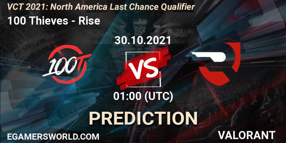 100 Thieves - Rise: Maç tahminleri. 30.10.2021 at 01:00, VALORANT, VCT 2021: North America Last Chance Qualifier