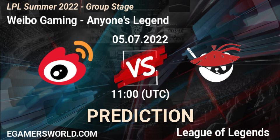 Weibo Gaming - Anyone's Legend: Maç tahminleri. 05.07.2022 at 11:00, LoL, LPL Summer 2022 - Group Stage
