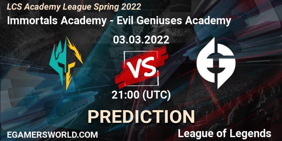 Immortals Academy - Evil Geniuses Academy: Maç tahminleri. 03.03.2022 at 21:00, LoL, LCS Academy League Spring 2022