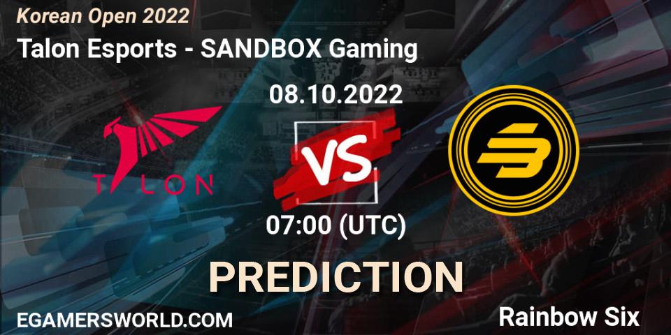 Talon Esports - SANDBOX Gaming: Maç tahminleri. 08.10.2022 at 07:00, Rainbow Six, Korean Open 2022
