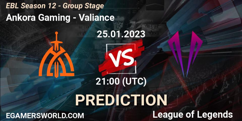 Ankora Gaming - Valiance: Maç tahminleri. 25.01.2023 at 21:00, LoL, EBL Season 12 - Group Stage