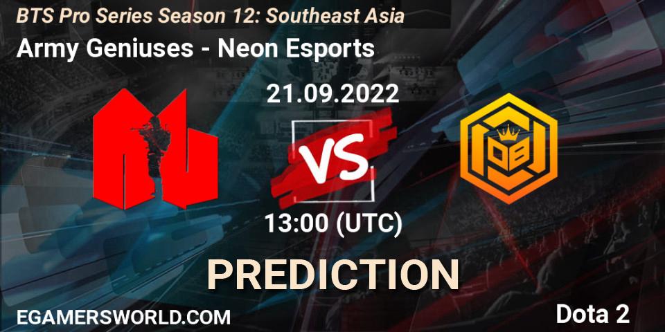 Army Geniuses - Neon Esports: Maç tahminleri. 21.09.2022 at 12:58, Dota 2, BTS Pro Series Season 12: Southeast Asia