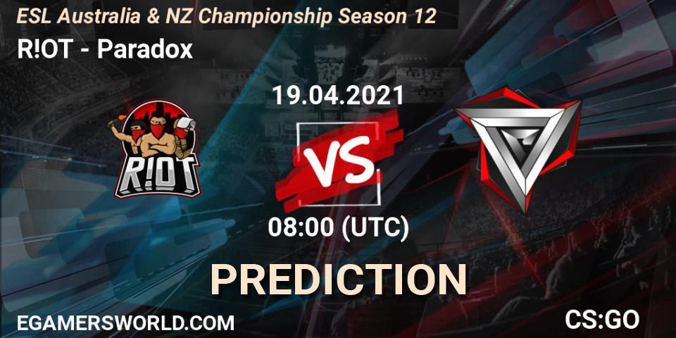 R!OT - Paradox: Maç tahminleri. 19.04.2021 at 08:00, Counter-Strike (CS2), ESL Australia & NZ Championship Season 12