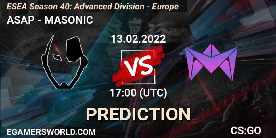 ASAP - MASONIC: Maç tahminleri. 13.02.2022 at 17:00, Counter-Strike (CS2), ESEA Season 40: Advanced Division - Europe