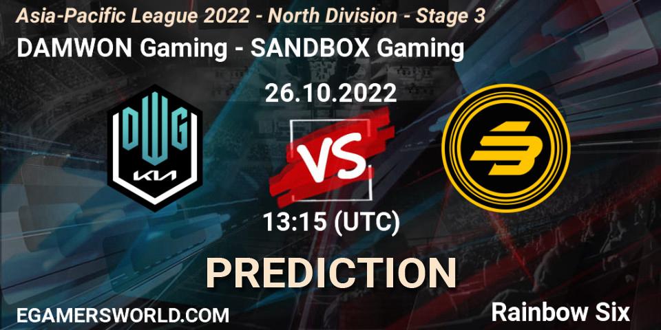 DAMWON Gaming - SANDBOX Gaming: Maç tahminleri. 26.10.2022 at 13:15, Rainbow Six, Asia-Pacific League 2022 - North Division - Stage 3
