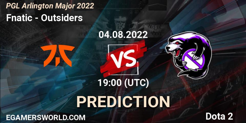 Fnatic - Outsiders: Maç tahminleri. 04.08.2022 at 19:37, Dota 2, PGL Arlington Major 2022 - Group Stage