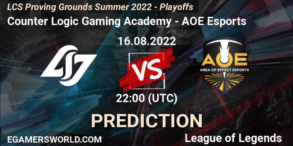 Counter Logic Gaming Academy - AOE Esports: Maç tahminleri. 16.08.2022 at 22:00, LoL, LCS Proving Grounds Summer 2022 - Playoffs