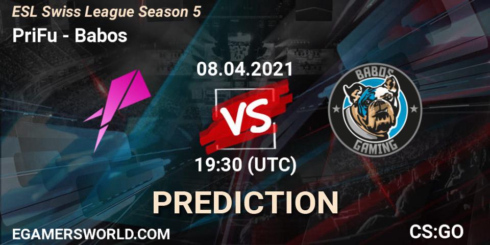 PriFu - Babos: Maç tahminleri. 08.04.2021 at 19:30, Counter-Strike (CS2), ESL Swiss League Season 5