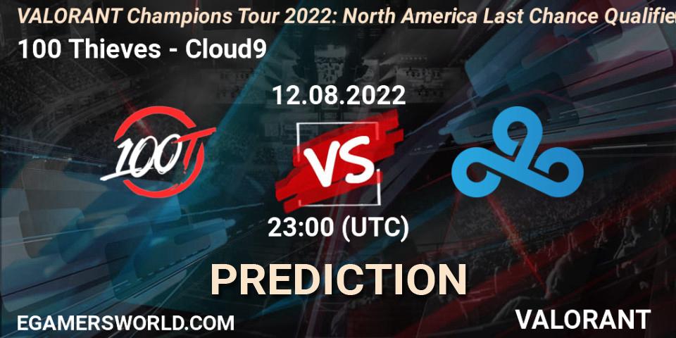 100 Thieves - Cloud9: Maç tahminleri. 12.08.2022 at 22:30, VALORANT, VCT 2022: North America Last Chance Qualifier
