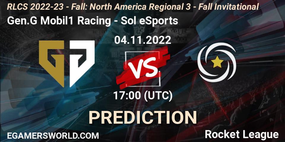 Gen.G Mobil1 Racing - Sol eSports: Maç tahminleri. 04.11.2022 at 17:00, Rocket League, RLCS 2022-23 - Fall: North America Regional 3 - Fall Invitational
