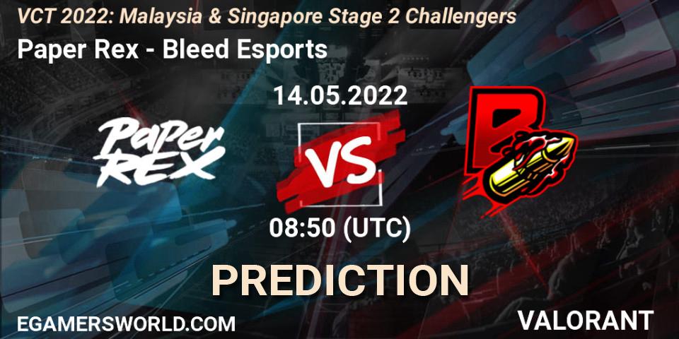 Paper Rex - Bleed Esports: Maç tahminleri. 14.05.2022 at 08:50, VALORANT, VCT 2022: Malaysia & Singapore Stage 2 Challengers