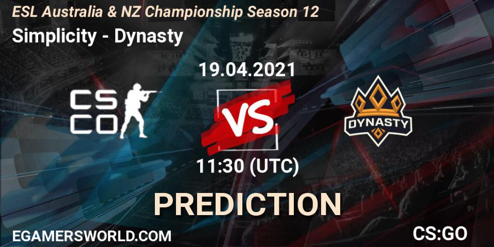 Simplicity - Dynasty: Maç tahminleri. 19.04.2021 at 10:35, Counter-Strike (CS2), ESL Australia & NZ Championship Season 12