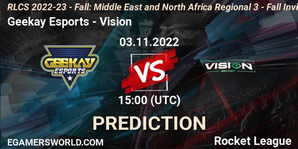 Geekay Esports - Vision: Maç tahminleri. 03.11.2022 at 15:00, Rocket League, RLCS 2022-23 - Fall: Middle East and North Africa Regional 3 - Fall Invitational