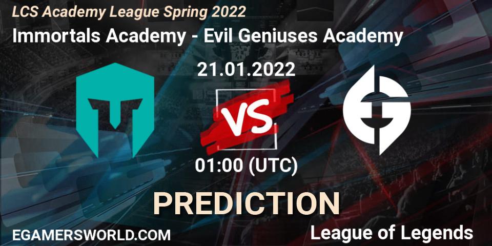 Immortals Academy - Evil Geniuses Academy: Maç tahminleri. 21.01.2022 at 01:00, LoL, LCS Academy League Spring 2022