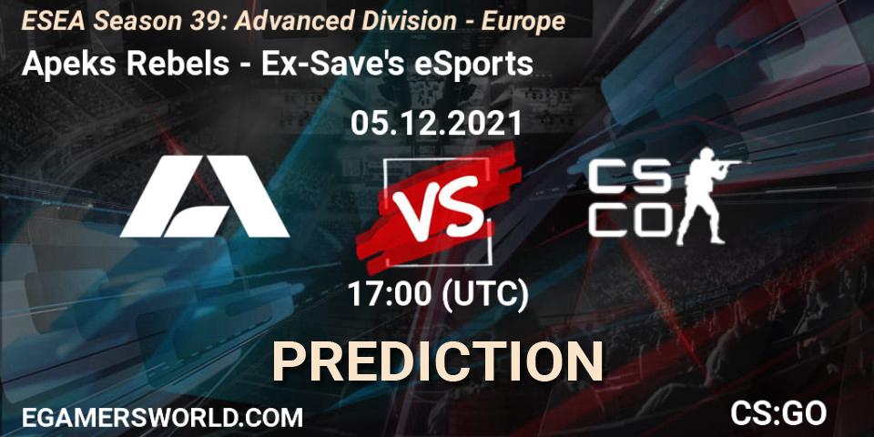Apeks Rebels - Ex-Save's eSports: Maç tahminleri. 05.12.2021 at 17:00, Counter-Strike (CS2), ESEA Season 39: Advanced Division - Europe