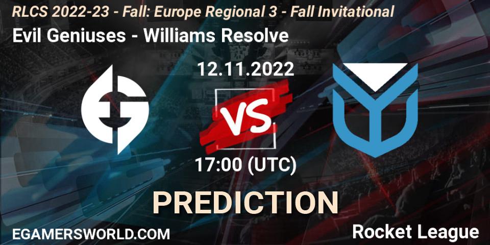 Evil Geniuses - Williams Resolve: Maç tahminleri. 12.11.22, Rocket League, RLCS 2022-23 - Fall: Europe Regional 3 - Fall Invitational