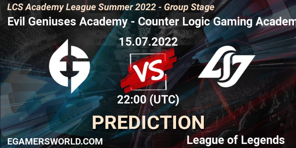 Evil Geniuses Academy - Counter Logic Gaming Academy: Maç tahminleri. 15.07.2022 at 22:00, LoL, LCS Academy League Summer 2022 - Group Stage