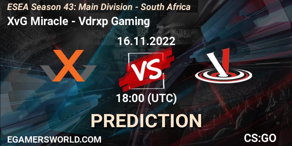 XvG Miracle - Vdrxp Gaming: Maç tahminleri. 16.11.2022 at 18:00, Counter-Strike (CS2), ESEA Season 43: Main Division - South Africa