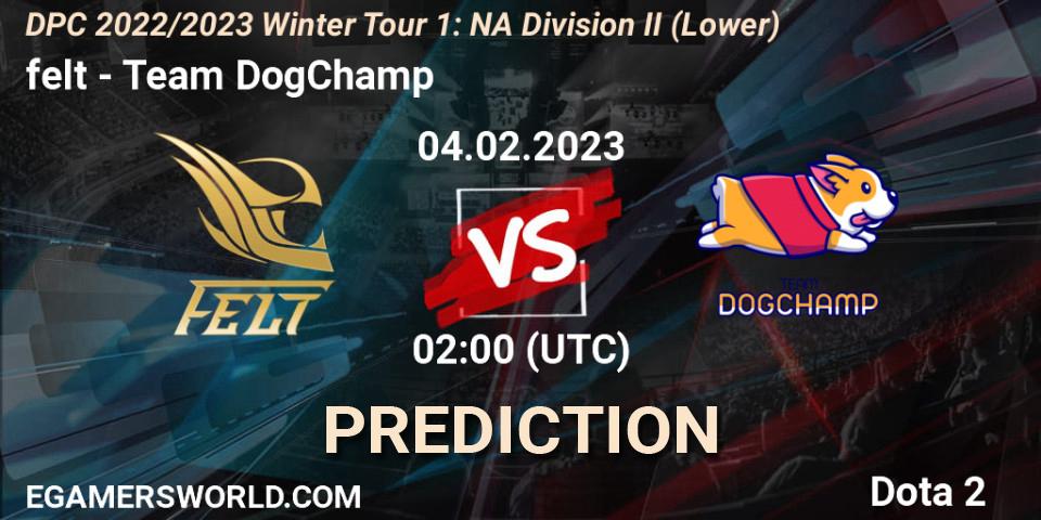 felt - Team DogChamp: Maç tahminleri. 04.02.23, Dota 2, DPC 2022/2023 Winter Tour 1: NA Division II (Lower)