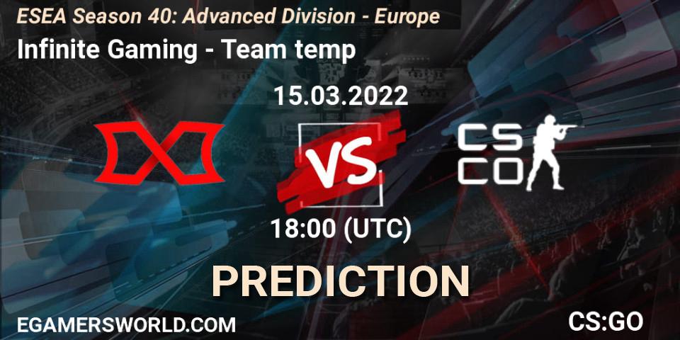Infinite Gaming - Team temp: Maç tahminleri. 15.03.2022 at 18:00, Counter-Strike (CS2), ESEA Season 40: Advanced Division - Europe