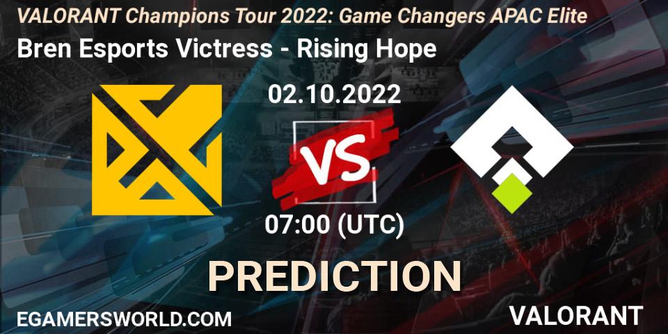 Bren Esports Victress - Rising Hope: Maç tahminleri. 02.10.2022 at 08:00, VALORANT, VCT 2022: Game Changers APAC Elite