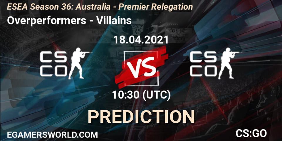 Overperformers - Villains: Maç tahminleri. 18.04.2021 at 10:30, Counter-Strike (CS2), ESEA Season 36: Australia - Premier Relegation