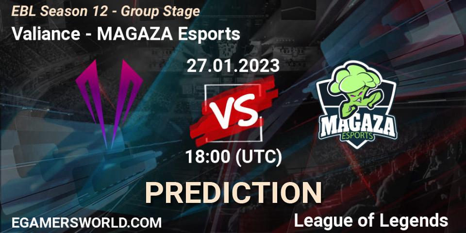 Valiance - MAGAZA Esports: Maç tahminleri. 27.01.2023 at 18:00, LoL, EBL Season 12 - Group Stage